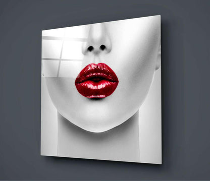 Glossy Red Lips Pale Face Glass Wall Art