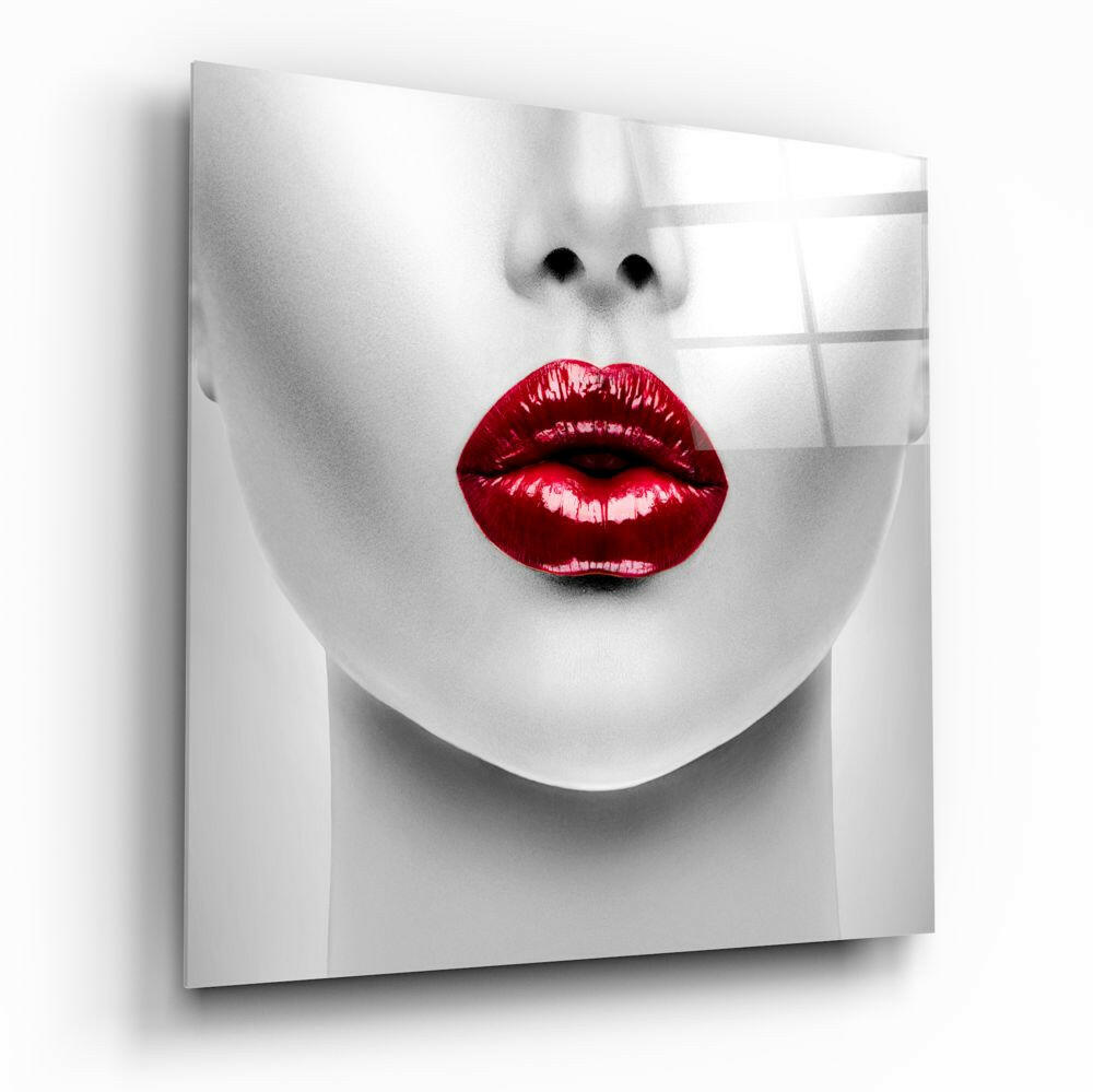 Glossy Red Lips Pale Face Glass Wall Art