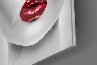 Glossy Red Lips Pale Face Glass Wall Art
