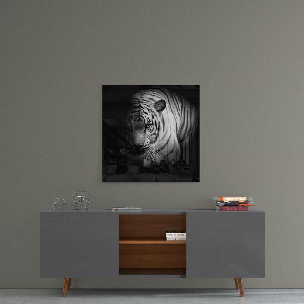 Shadow Tiger Black and White Glass Wall Art