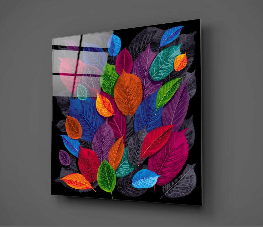 Jewel Tone Leaf Collage On Black Glass Wall Art