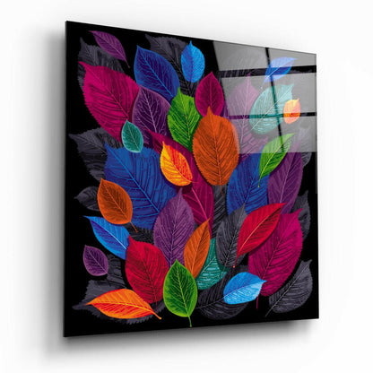 Jewel Tone Leaf Collage On Black Glass Wall Art