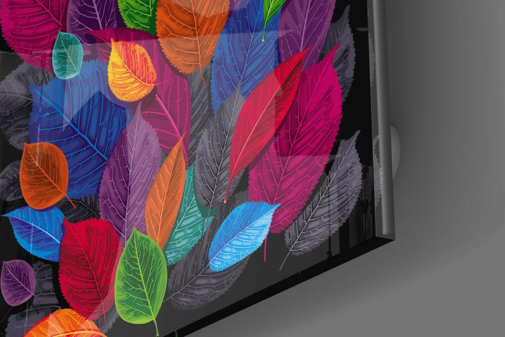 Jewel Tone Leaf Collage On Black Glass Wall Art