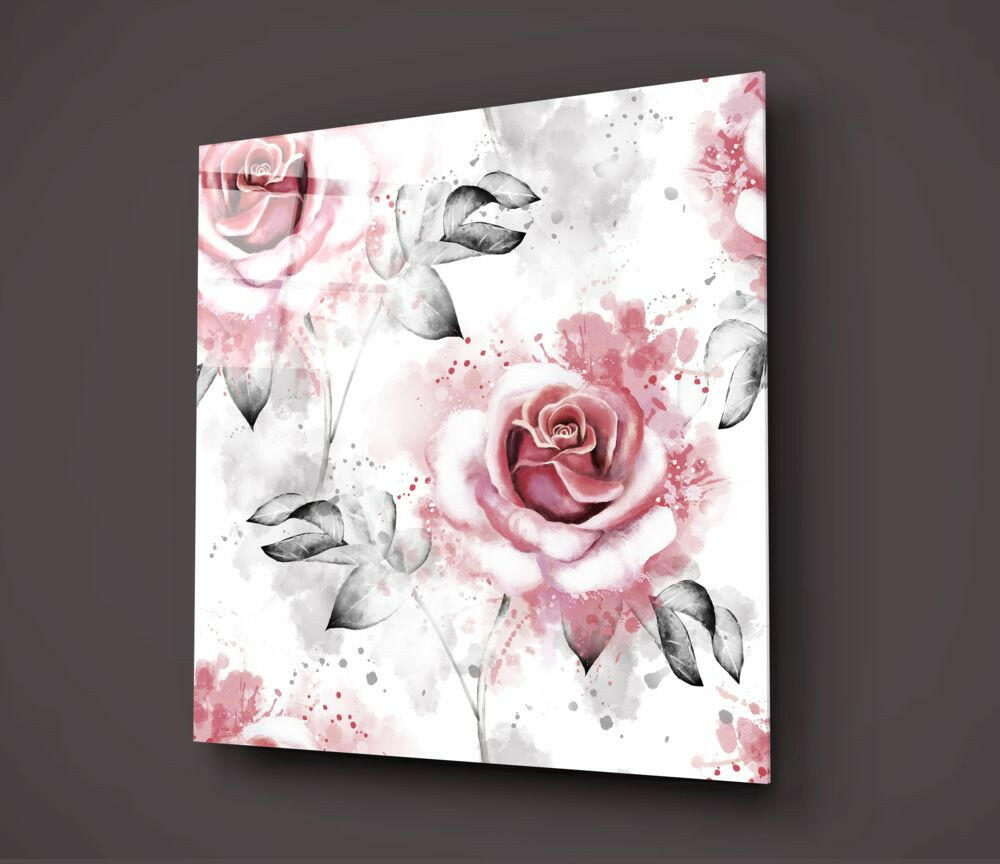 Watercolor Pink Roses Gray Leaves Glass Wall Art