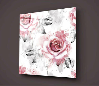 Watercolor Pink Roses Gray Leaves Glass Wall Art