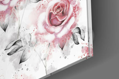 Watercolor Pink Roses Gray Leaves Glass Wall Art