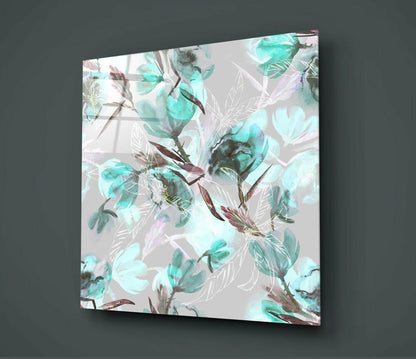 Teal Watercolor Magnolia Pattern Glass Wall Art