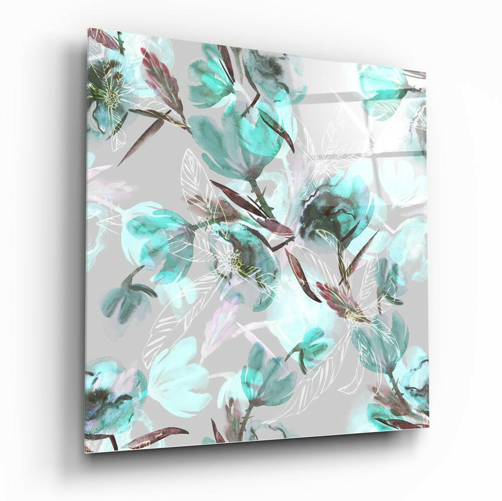 Teal Watercolor Magnolia Pattern Glass Wall Art
