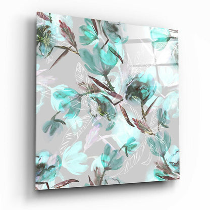 Teal Watercolor Magnolia Pattern Glass Wall Art