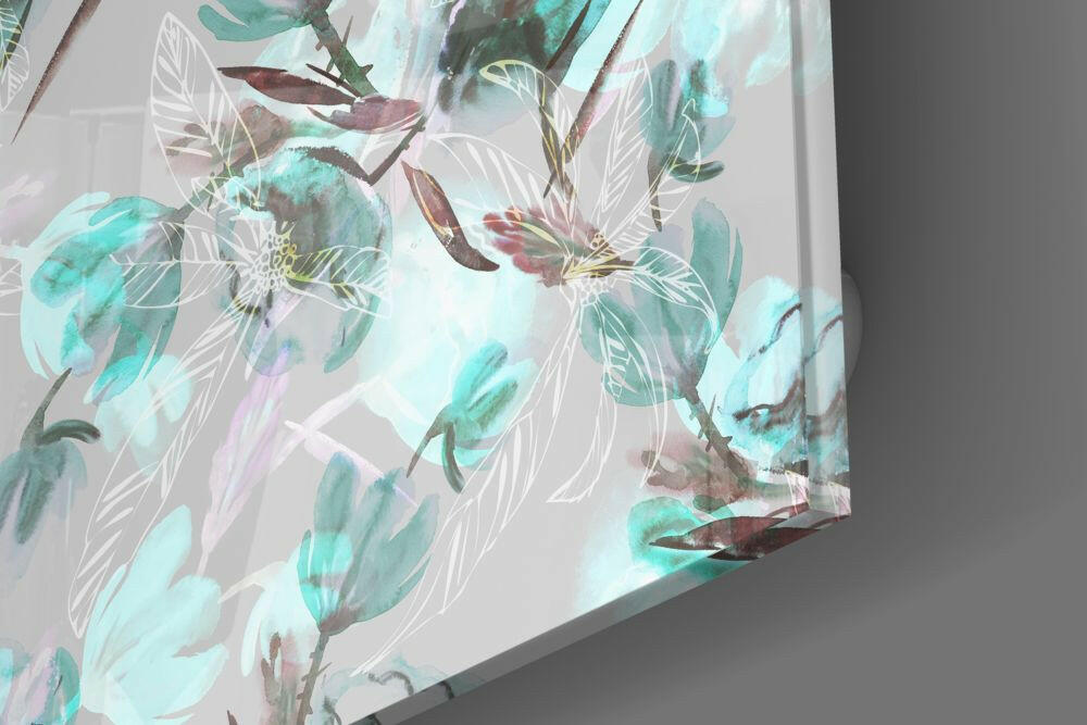 Teal Watercolor Magnolia Pattern Glass Wall Art