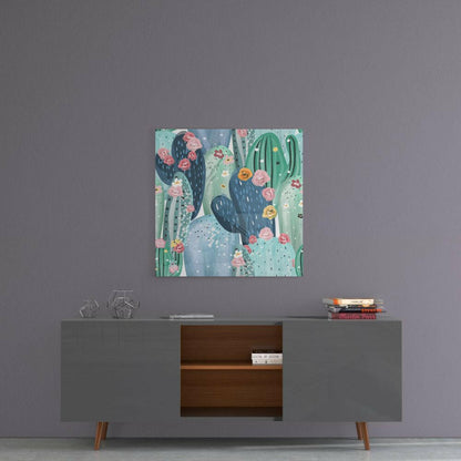 Colorful glass cactus wall art with pink and orange flowers displayed above a mid-century modern gray sideboard with wooden shelving.