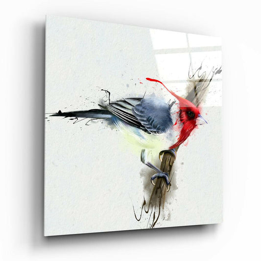 Glass wall art depicting a red-headed bird perched on a branch with blue and black watercolor splashes on white background.