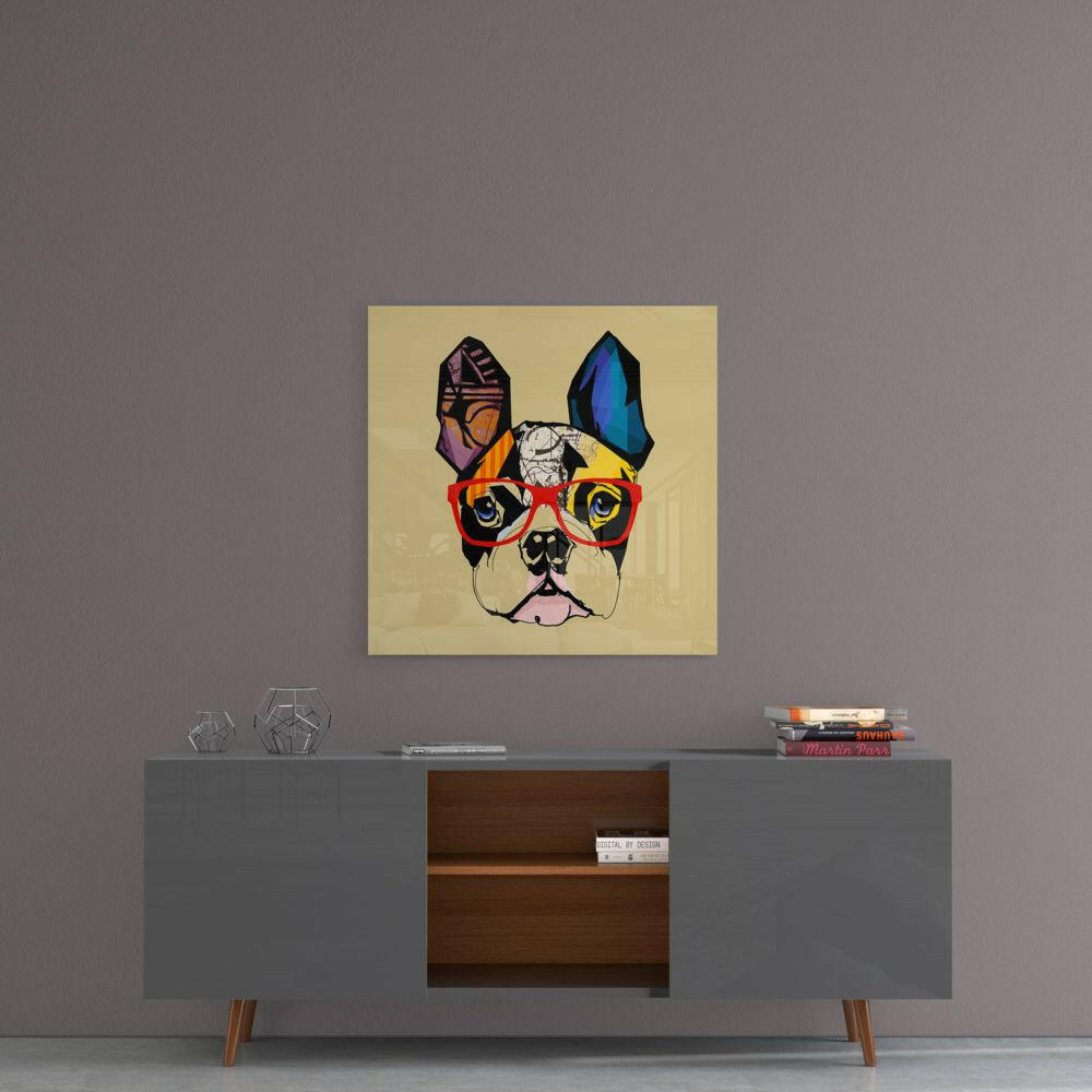 Colorful bulldog glass wall art with red glasses and patterned ears displayed above a gray mid-century modern sideboard.