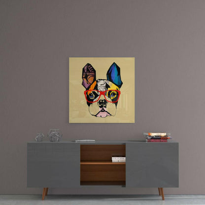 Colorful bulldog glass wall art with red glasses and patterned ears displayed above a gray mid-century modern sideboard.