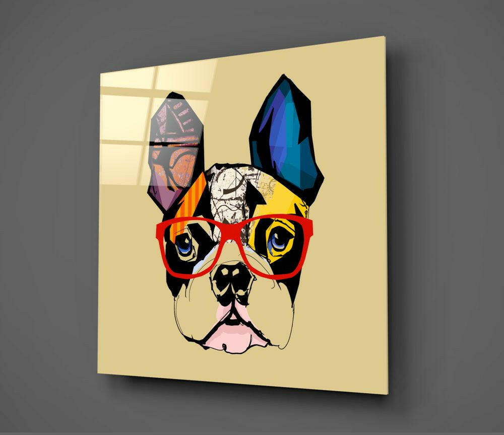 Colorful pop art bulldog wearing red glasses with blue and purple ears on cream-colored glass wall panel, mounted at angle against gray background.
