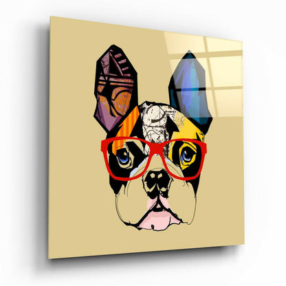 Colorful pop art bulldog wearing red glasses on cream-yellow glass panel, displayed at three-quarter angle showing depth and window reflections.