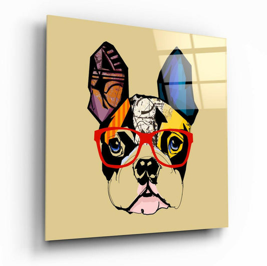 Colorful pop art bulldog wearing red glasses on cream-yellow glass panel, displayed at three-quarter angle showing depth and window reflections.