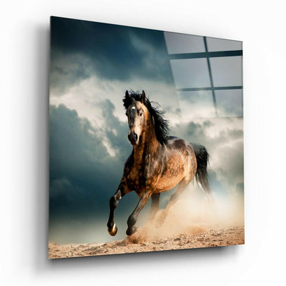 Chestnut Horse In Storm Dust Glass Wall Art