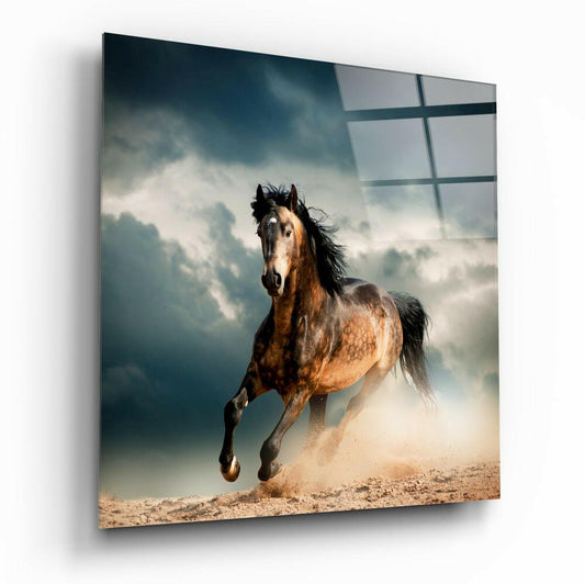 Chestnut horse galloping through dust clouds against stormy sky, displayed as framed glass wall art with grid pattern overlay.