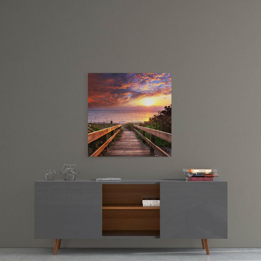 Wooden Boardwalk Fiery Sunset Sea Landscape Glass Wall Art