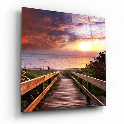 Wooden Boardwalk Fiery Sunset Sea Landscape Glass Wall Art