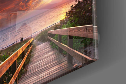 Wooden Boardwalk Fiery Sunset Sea Landscape Glass Wall Art