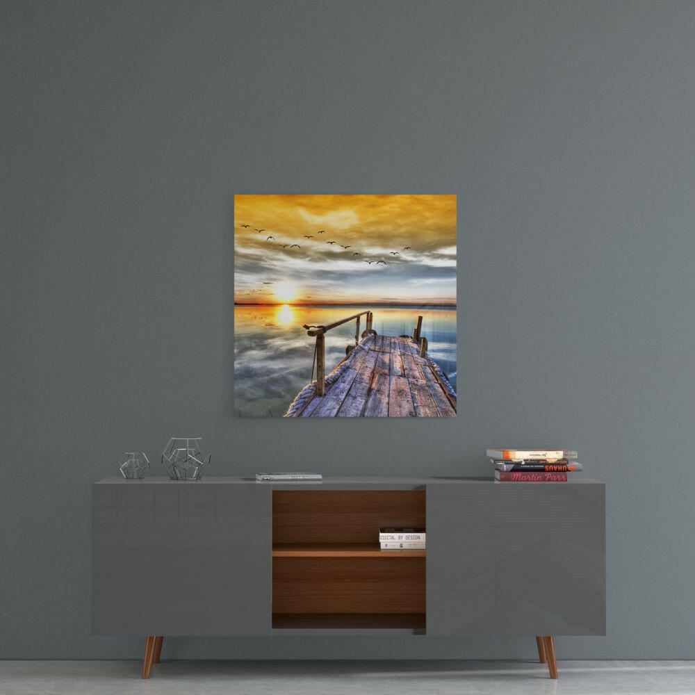 Golden Sunset Pier With Birds Glass Wall Art