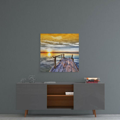 Golden Sunset Pier With Birds Glass Wall Art