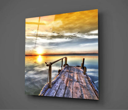 Golden Sunset Pier With Birds Glass Wall Art