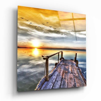 Golden Sunset Pier With Birds Glass Wall Art
