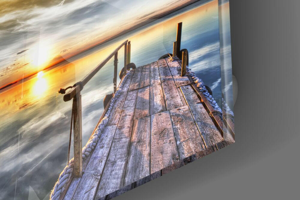 Golden Sunset Pier With Birds Glass Wall Art