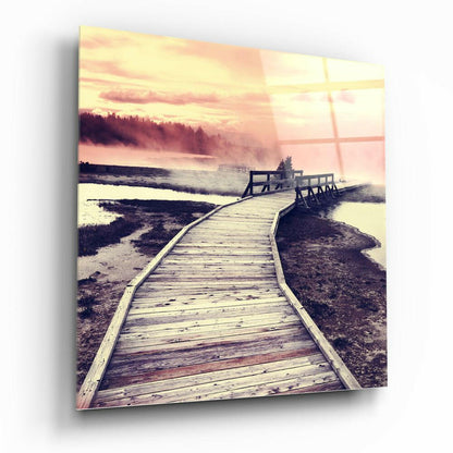 Pink Sunrise Wooden Boardwalk Glass Wall Art