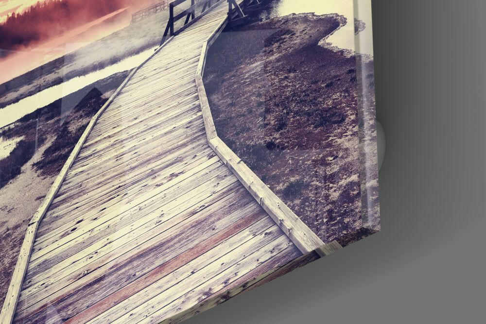 Pink Sunrise Wooden Boardwalk Glass Wall Art