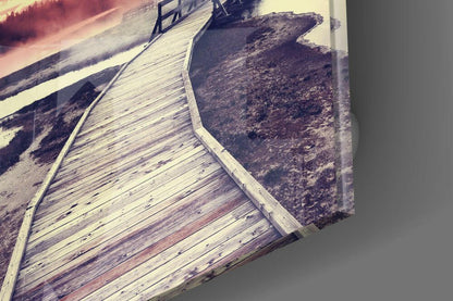 Pink Sunrise Wooden Boardwalk Glass Wall Art