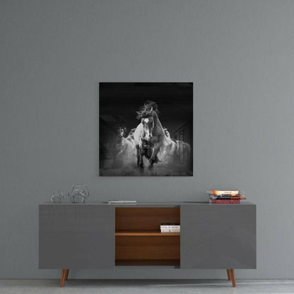 Galloping White Horse Herd Glass Wall Art