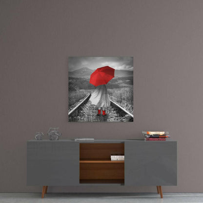 Red Umbrella Girl Railway Teddy Glass Wall Art