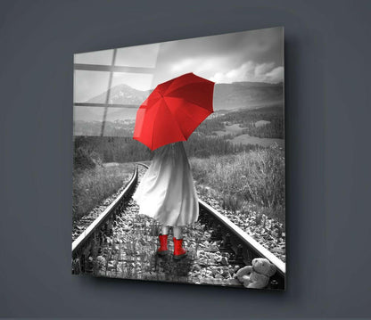 Red Umbrella Girl Railway Teddy Glass Wall Art