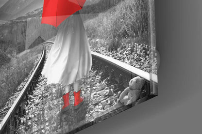 Red Umbrella Girl Railway Teddy Glass Wall Art