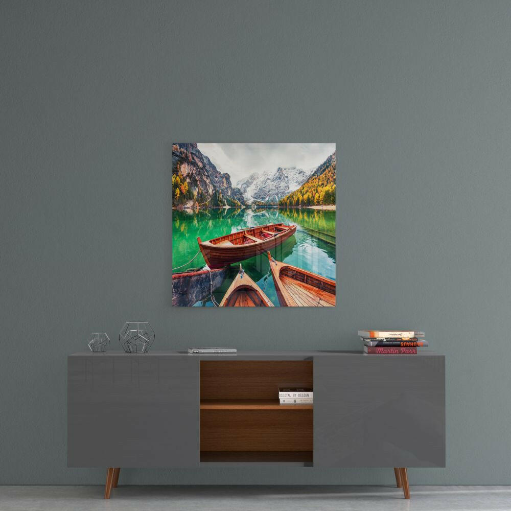 Wooden Rowboats Emerald Alpine Lake Glass Wall Art