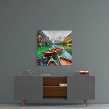 Wooden Rowboats Emerald Alpine Lake Glass Wall Art