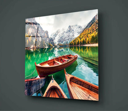 Wooden Rowboats Emerald Alpine Lake Glass Wall Art