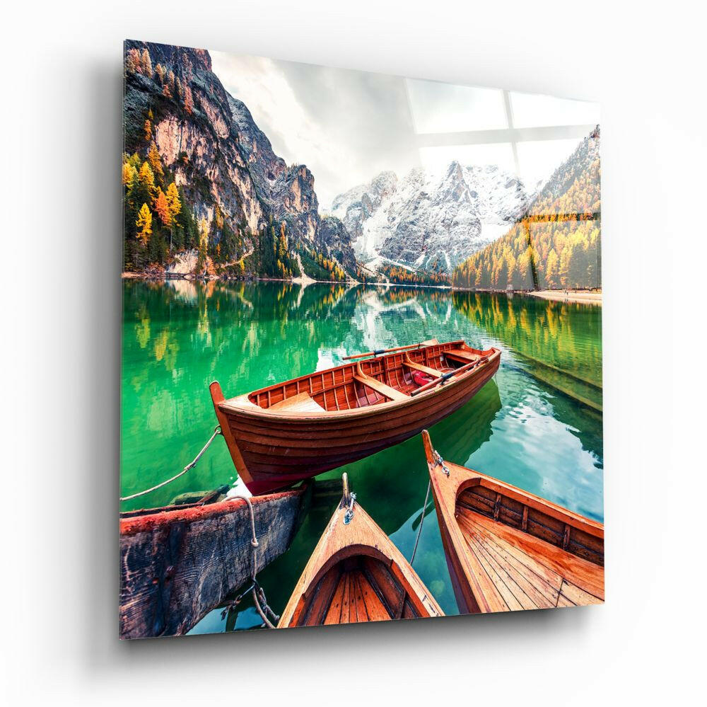 Wooden Rowboats Emerald Alpine Lake Glass Wall Art