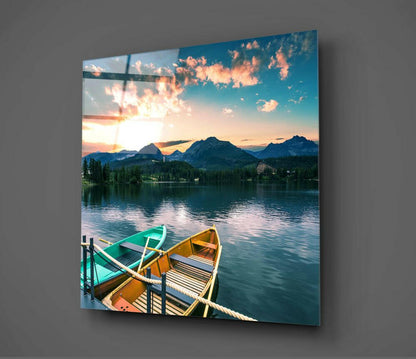 Two Canoes At Sunrise Mountain Lake Glass Wall Art