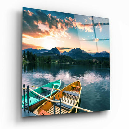 Two Canoes At Sunrise Mountain Lake Glass Wall Art