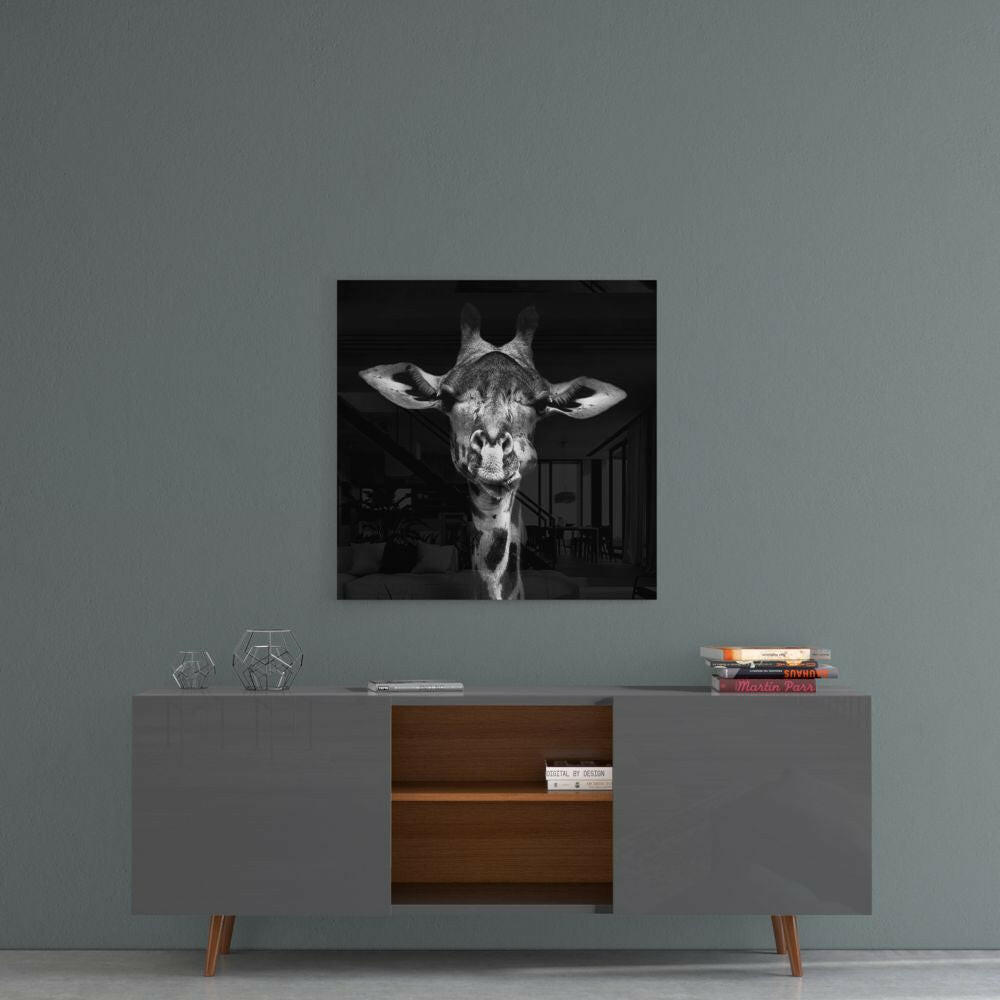 Black and White Giraffe Portrait Glass Wall Art