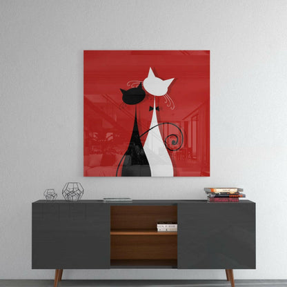 Black And White Pair On Red Cats Glass Wall Art