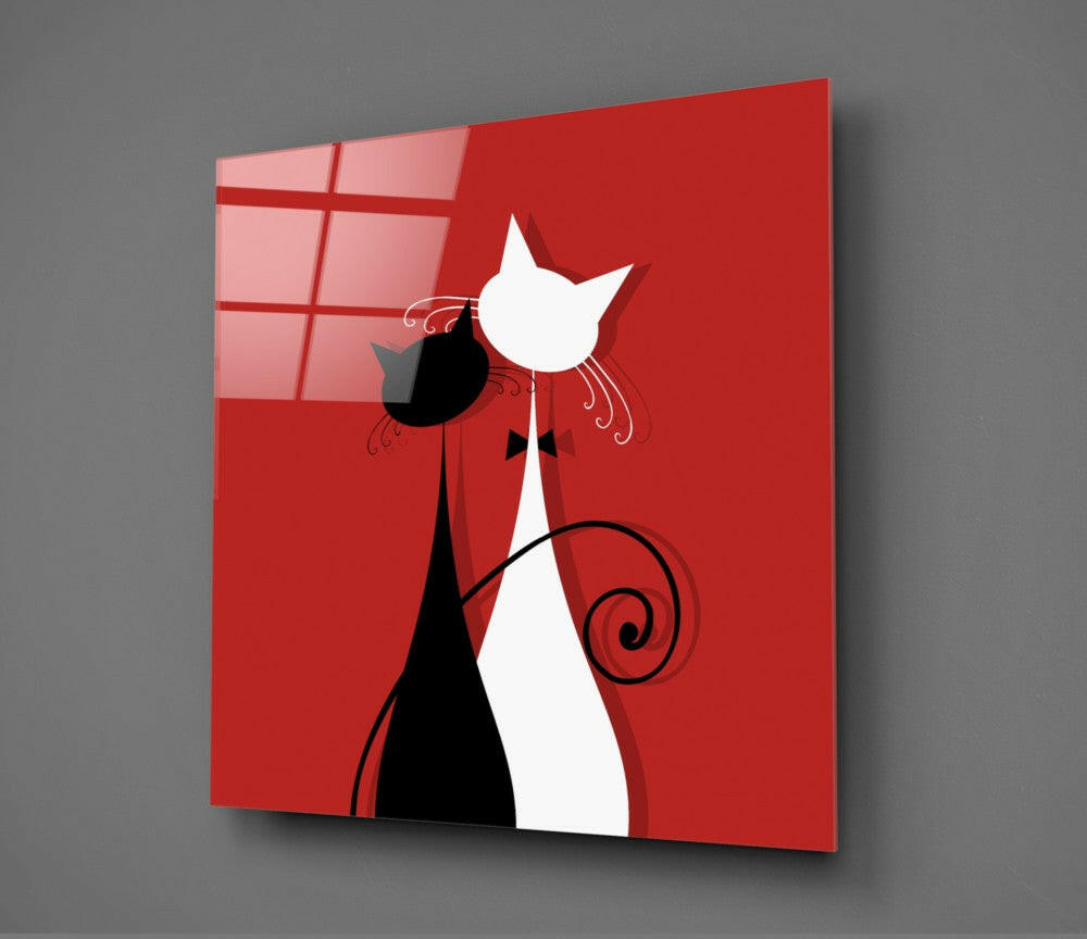 Black And White Pair On Red Cats Glass Wall Art