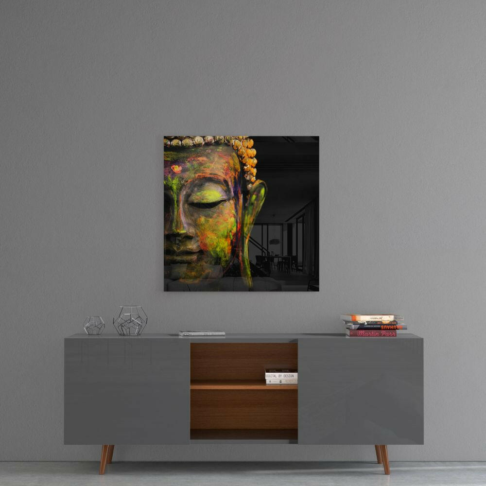 Colorful Painted Buddha Face Glass Wall Art