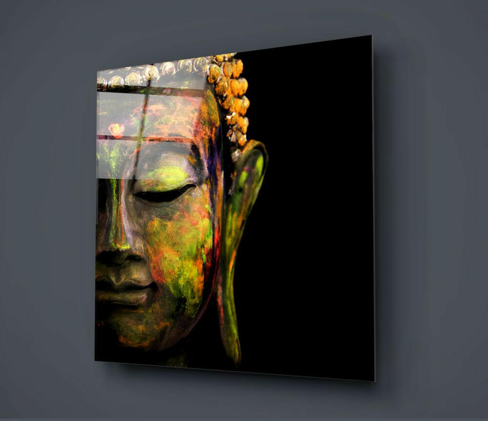Colorful Painted Buddha Face Glass Wall Art