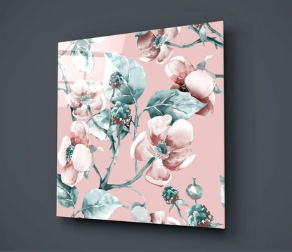 Pink Teal Wild Rose Glass Wall Art